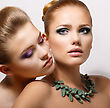 Bonding. Allure. Faces Of Two Sensual Pretty Women Closeup. Aspiration