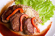 Stock Photo : Prepared Food Stock Photography: Roast Maral Meat With Blood And Garnish Pearl Barley - Very Tasty Dish