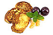 Stock Photo : Prepared Food Stock Image: Three Golden Fried Toast, Two Plums, Three Segments Of Mandarin, Mint Sprig Isolated
